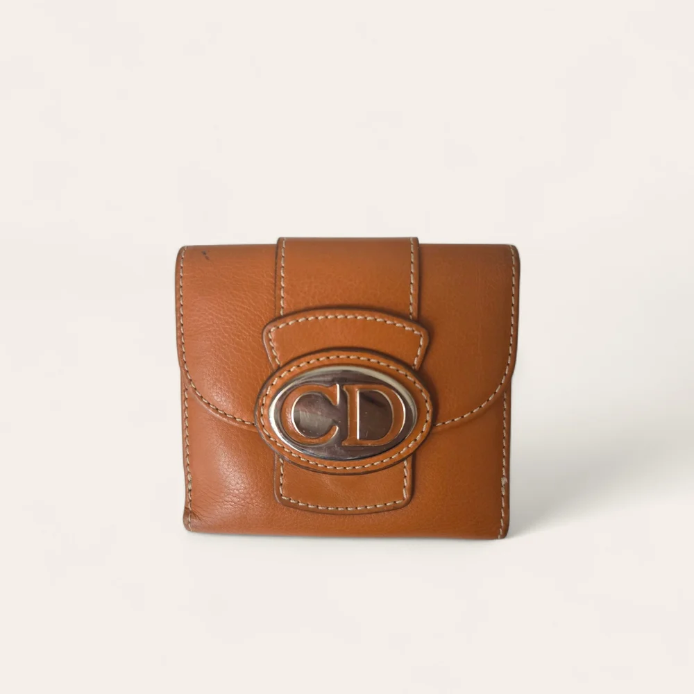 Authentic Christian Dior CD Logo Orange Leather Wallet